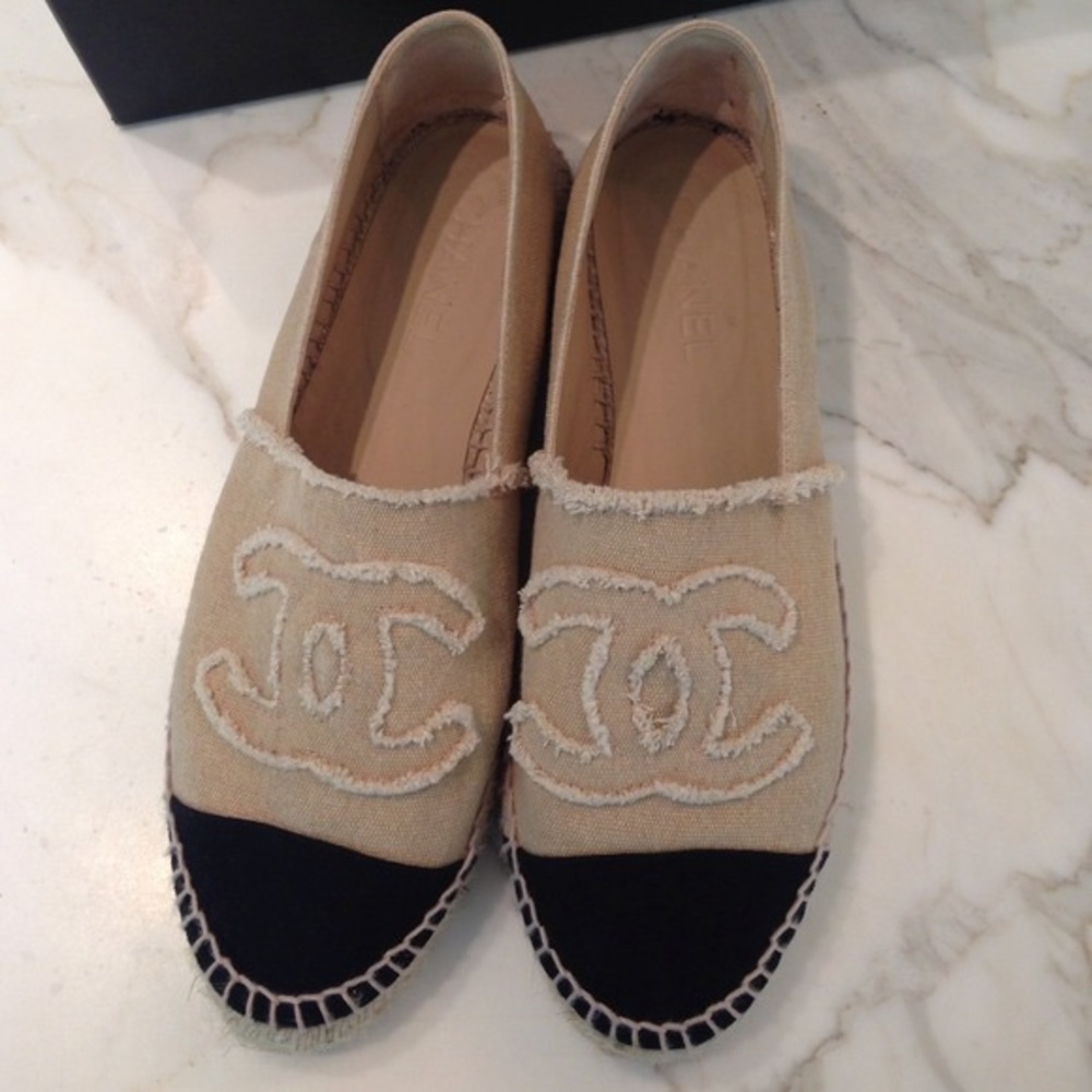 Authentic CHANEL Tan & Black Canvas Espadrilles